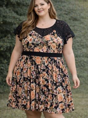 Torrid Black Floral Fit & Flare Dress Plus Size 3 Lace Sleeve Midi Dress